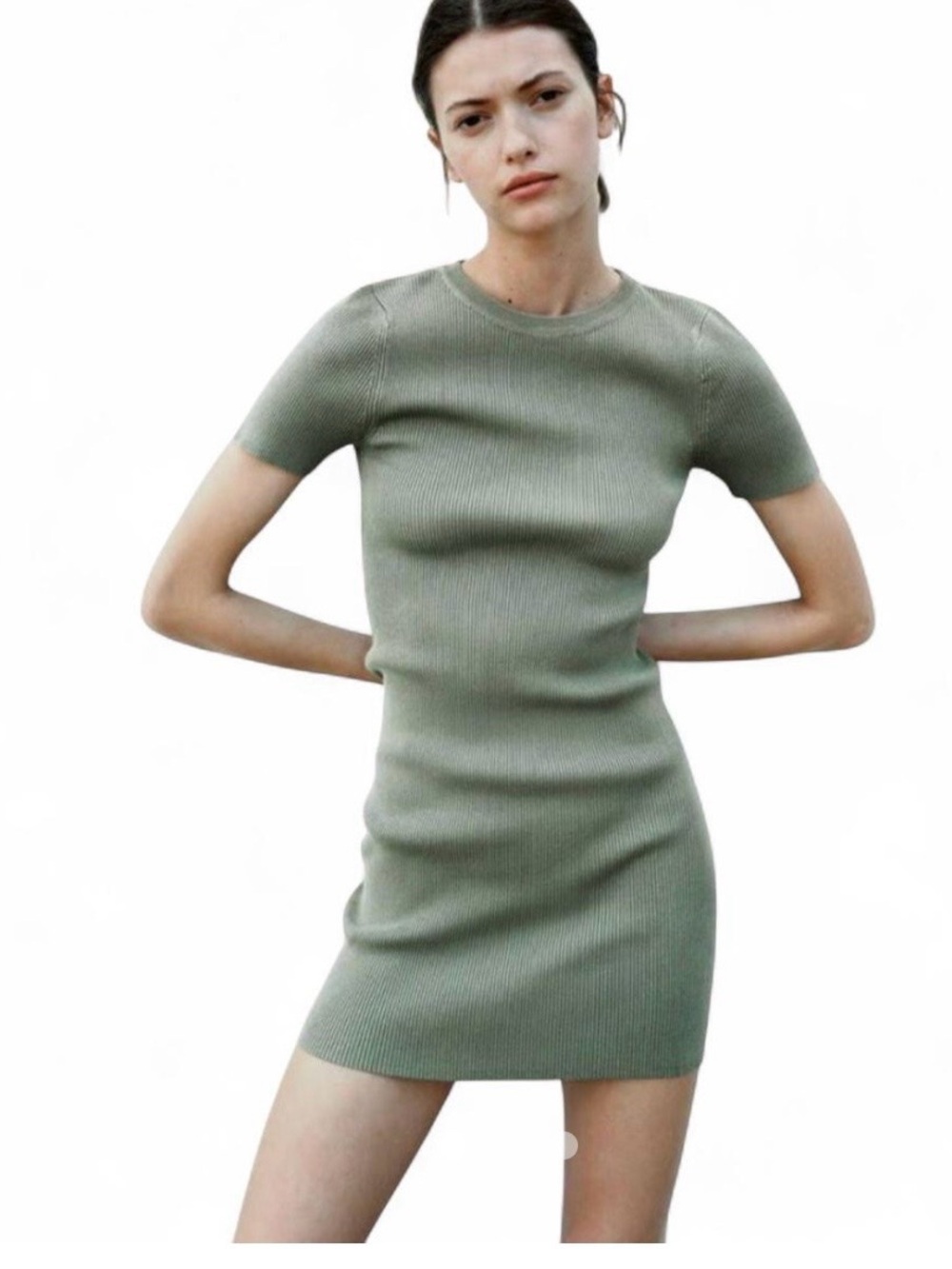 Zara Olive Green Rib Knit Bodycon Mini Dress Size L